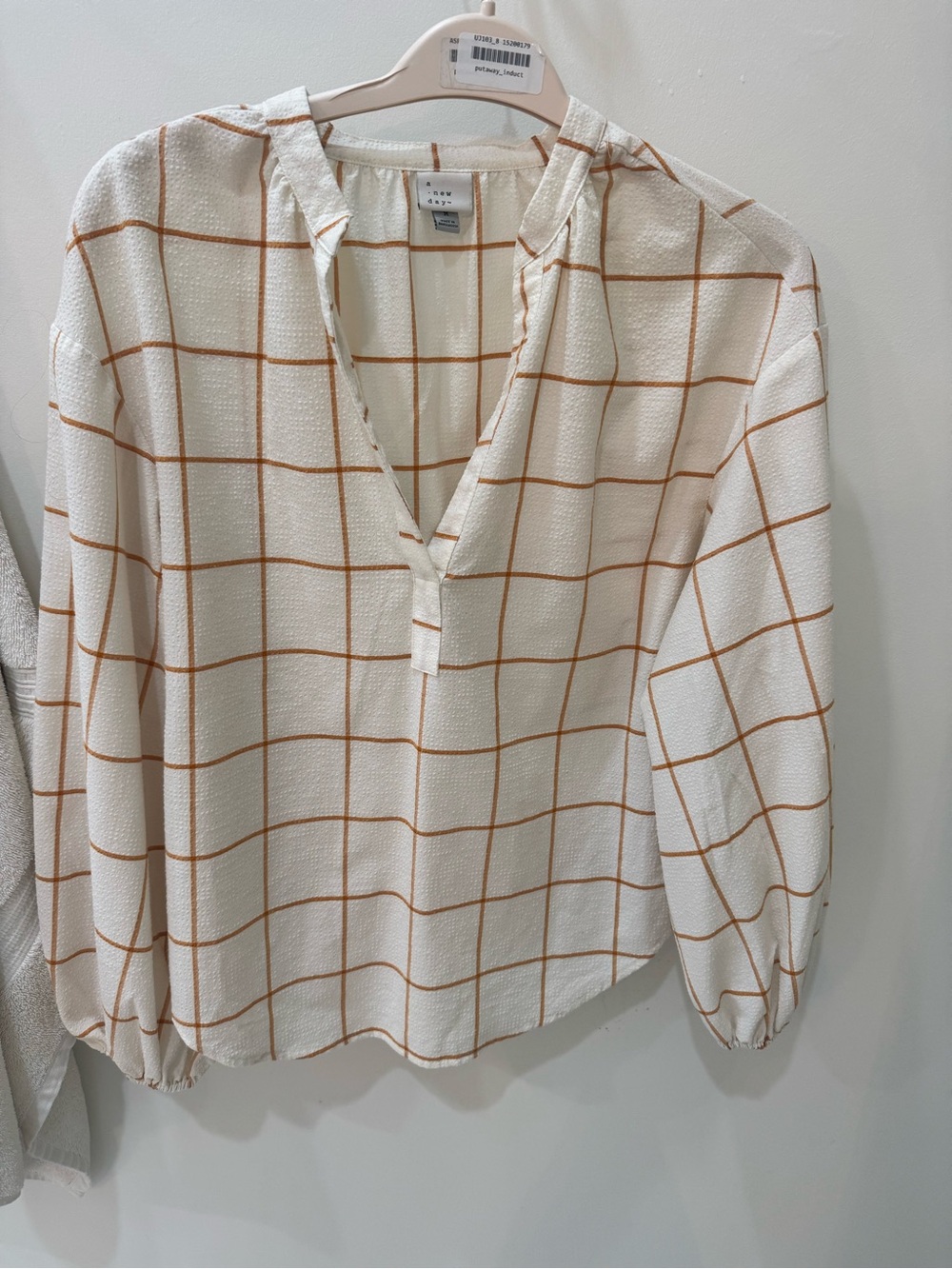 a new day Cream Blouse with Tan Windowpane Check